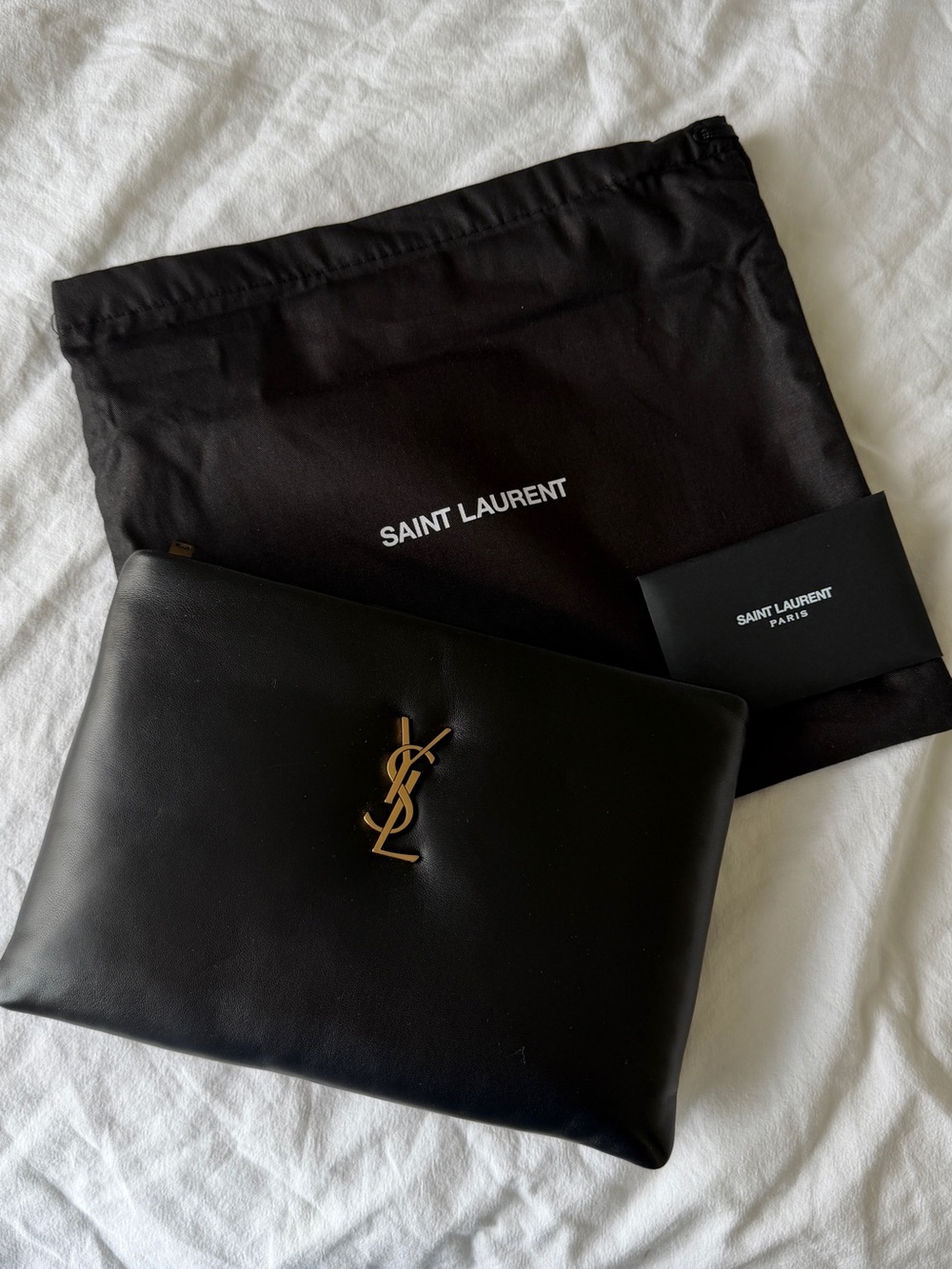 Saint Laurent Black Leather YSL Logo Clutch with Gold Hardware
